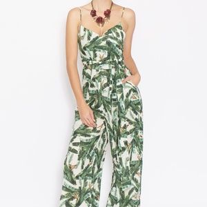 Wide Leg Linen Palm Print Leaf Tropical Tie-Waist Jumpsuit, Small